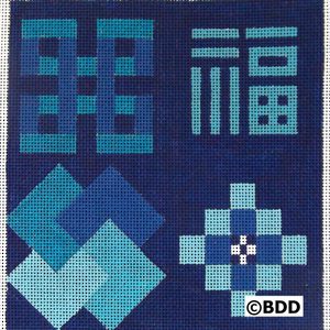 A blue square with four different designs in it.