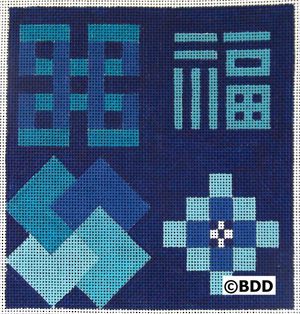 A blue square with four different designs in it.