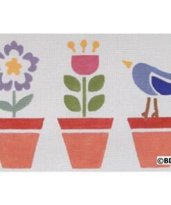 A painting of three potted flowers and a bird.