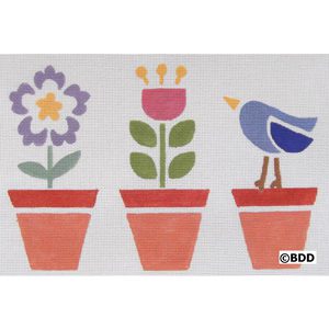 A painting of three potted flowers and a bird.