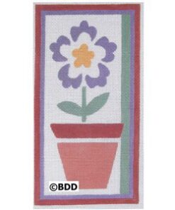 A purple flower in a red pot on a white background.