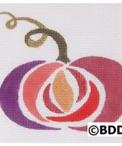 A purple and red pumpkin with a gold stem.