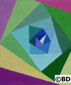 A painting of an abstract design in blue, green and purple.