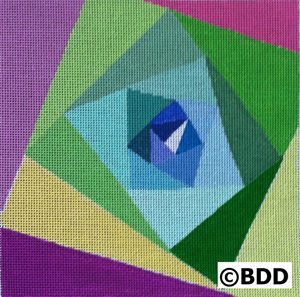 A painting of an abstract design in blue, green and purple.