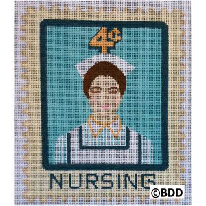 A cross stitch pattern of a nurse with the word " nursing " written on it.