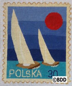 A cross stitch of two sailboats on the water.