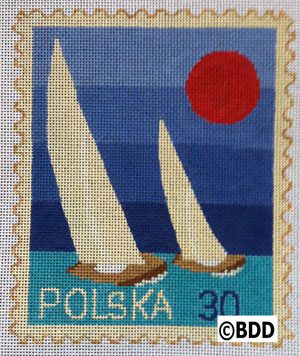 A cross stitch of two sailboats on the water.