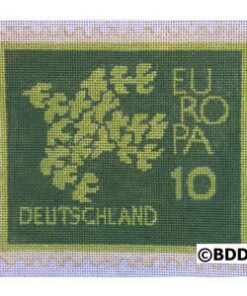 A green postage stamp with leaves on it.