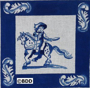 A blue and white picture of a man on horseback.