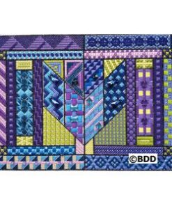 A purple and blue rug with various designs.