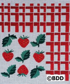 A cross stitch pattern of strawberries on the fabric.