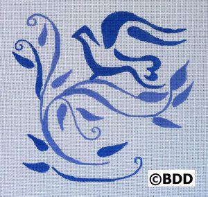 A blue bird with leaves and vines on it.