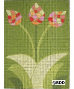 A green background with three flowers in the center.