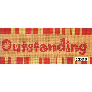 A red and yellow striped banner with the word " outstanding ".