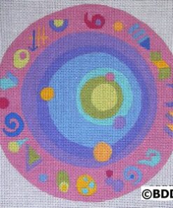 A pink and blue circle with various shapes on it.