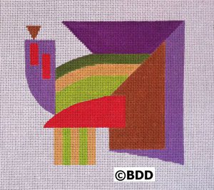 A colorful abstract painting with purple, red and green.