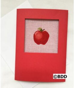 Red card featuring embroidered apple design