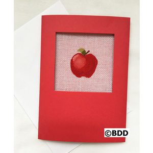 A red card with an apple on it.