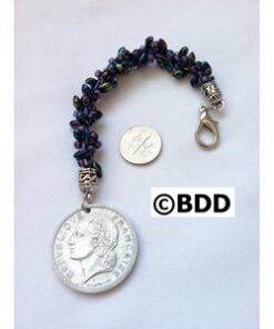 A coin is shown next to a bead.