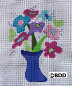 A blue vase with flowers in it.