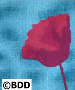 A red flower is shown on the blue background.