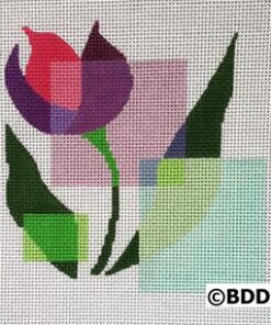 A colorful flower with green leaves and purple petals.