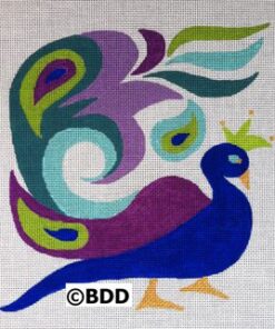 A painting of a peacock with purple and blue feathers.