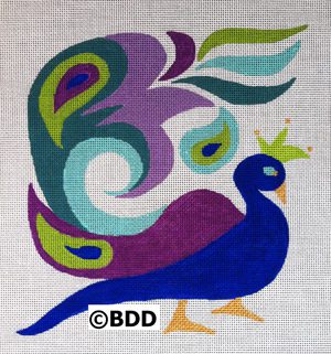 A painting of a peacock with purple and blue feathers.