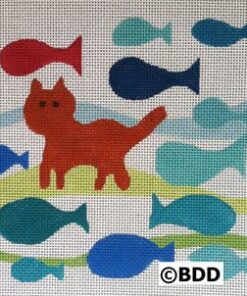 A cat and fish are depicted in this needlepoint design.