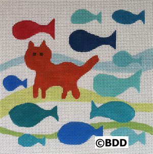 A cat and fish are depicted in this needlepoint design.