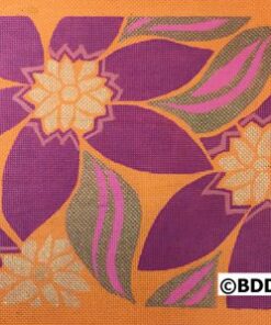 A purple and orange floral design on an orange background.