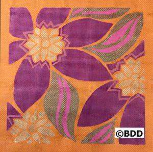 A purple and orange floral design on an orange background.