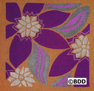 A purple and white flower on an orange background.