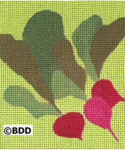 A green background with leaves and pink flowers.