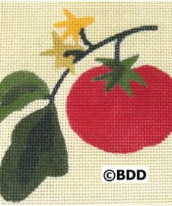 A tomato with yellow flowers and green leaves.
