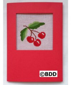 A red card with a picture of cherries on it.
