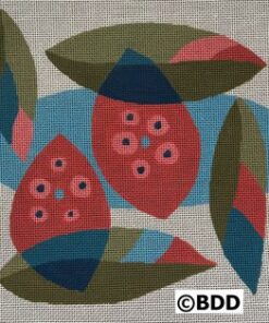 A painting of red flowers and leaves on canvas.