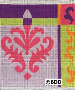 A purple and pink painting with a yellow design.