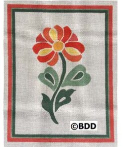 Stylized red-orange flower with green leaves in frame