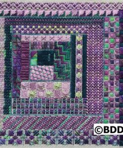 A purple and green quilt with a square design.