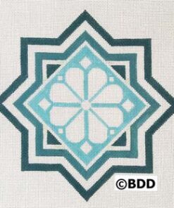 A blue and white geometric design with a flower.