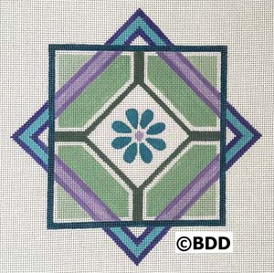 A blue and green geometric design with a flower.