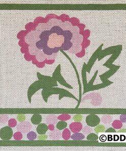 A pink flower with green leaves and purple petals.