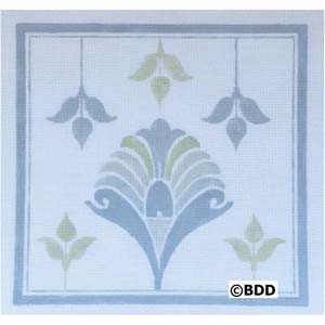 A blue and green floral design on a white background.