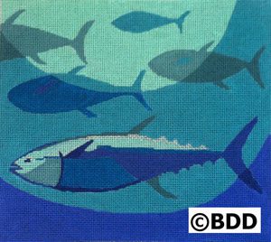 A painting of fish swimming in the ocean.