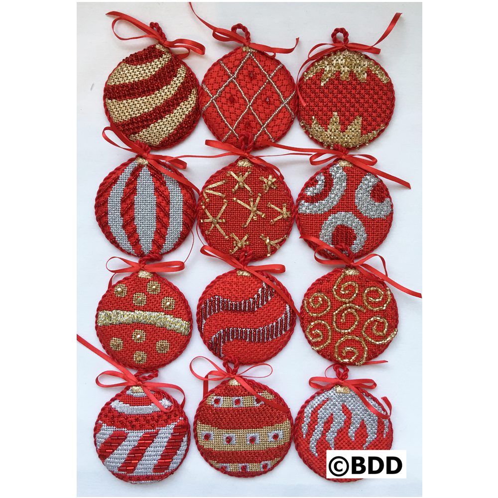 A group of twelve red and silver ornaments.