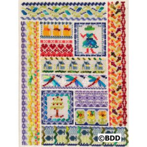 A colorful quilt with many different designs.