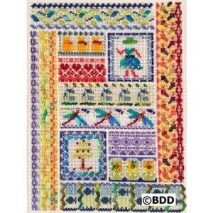 Colorful needlepoint sampler with girl.