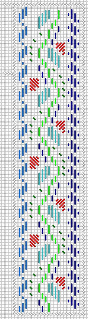 A cross stitch pattern with blue, green and red colors.