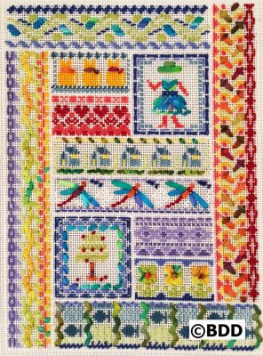 A cross stitch pattern of various designs and colors.